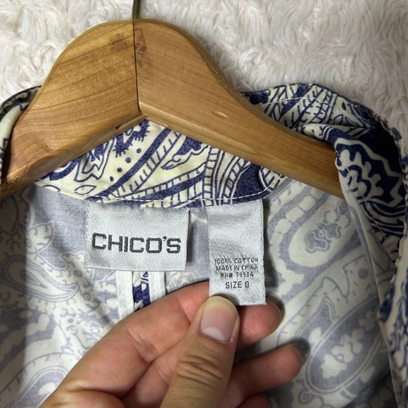Chico's Paisley Print Denim Jacket Button Front Long Sleeve‎ Blue White Size 0 - Picture 5 of 5